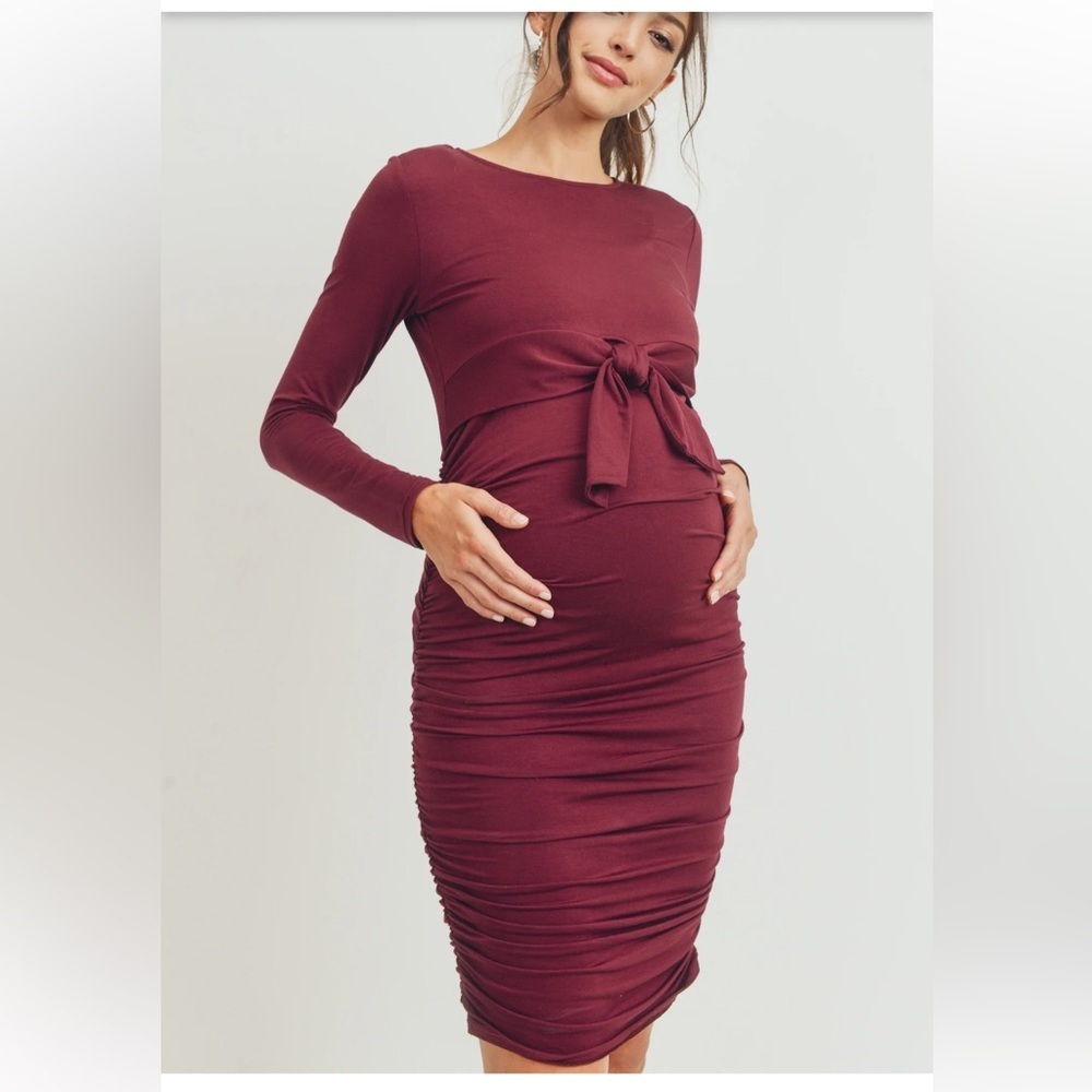 Hello Miz Tie Front Bodycon‎ Maternity Nursing Dress Women’s S Burgundy NWT